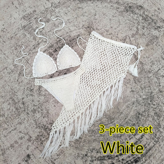 White 3-piece handmade crochet bikini set with triangle top, high-cut bottoms, and fringed mesh beach skirt. - Image 2