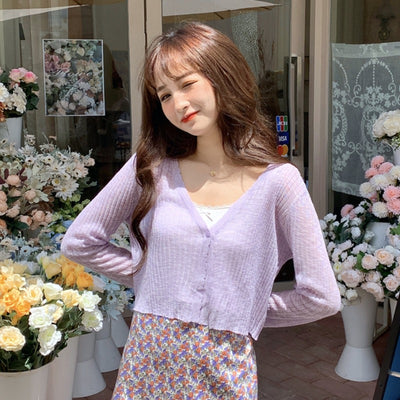 Cardigan Tejido Escote V Mujer Corto Fresco