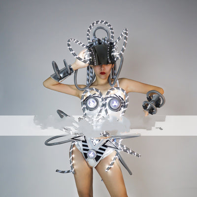 Traje de Rendimiento Cyberpunk con LED Luminoso Plateado - Image 8