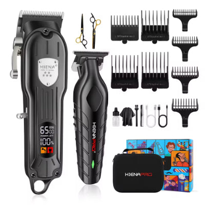 Professional hair clipper set featuring a larger black clipper with an LCD display and a smaller black trimmer, with dimensions. - Image 12