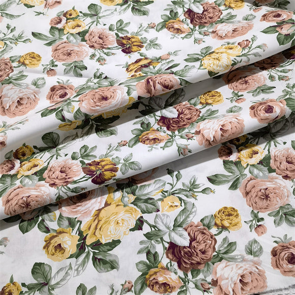 Tecido Sarja de Algodão Estampado com Peônias e Rosas para Roupa de Cama e Casa