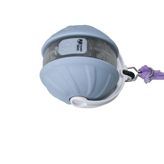Light blue and white automatic rolling cat toy ball with a purple faux tail, featuring a power button. - Image 14