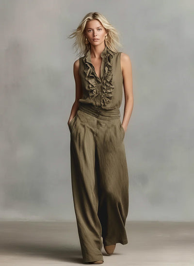 Conjunto Elegante de Lino: Blusa sin Mangas y Pantalón de Pierna Ancha - Image 11