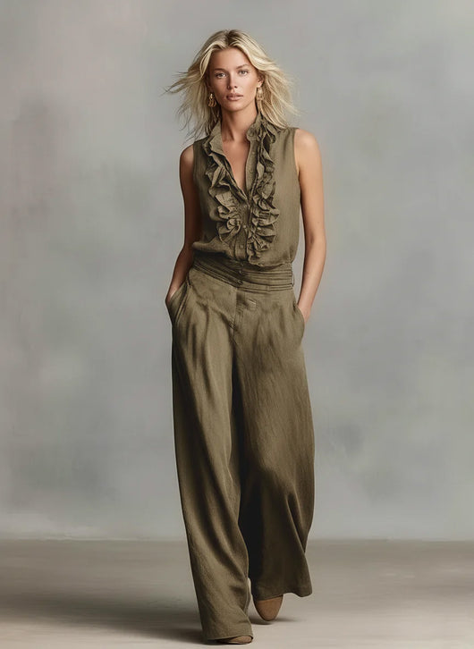 Conjunto Elegante de Lino: Blusa sin Mangas y Pantalón de Pierna Ancha - Image 11