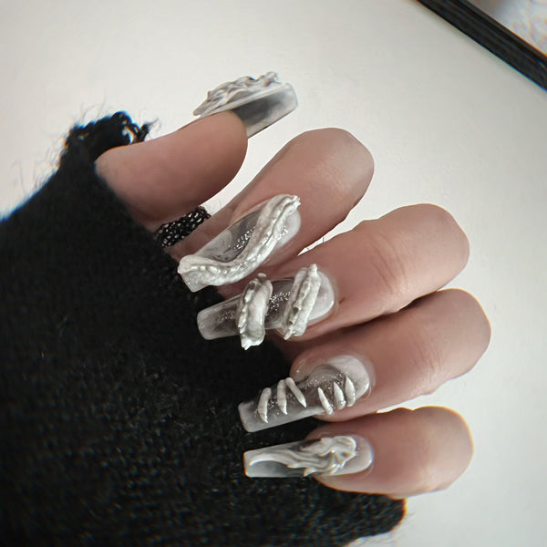 Uñas Postizas Estilo Dragón Chino - Diseño Nacional Elegante con Stickers Decorativos