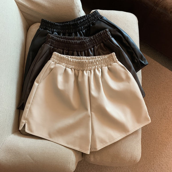 Shorts de Cuero Sintético Mujer Cintura Alta Suelta con Abertura