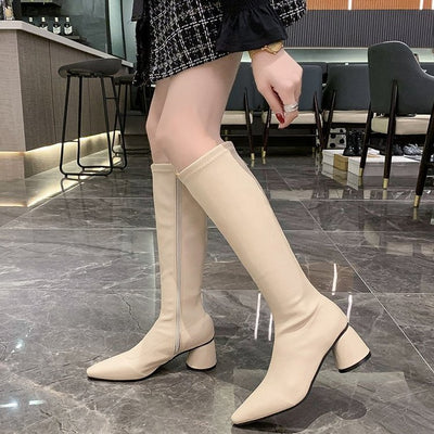Botas Altas Mujer Estilo Británico Tacón Grueso Punta Afilada Retro