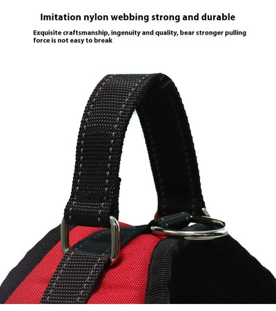 Blue and black pet harness with reflective stitching, a top handle, and red quick-release buckles. - Image 29