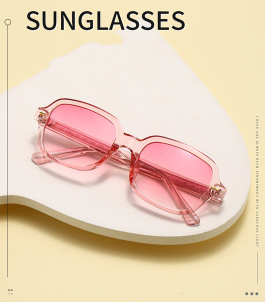 Retro square frame sunglasses with transparent gray frames and gradient purple UV400 lenses.