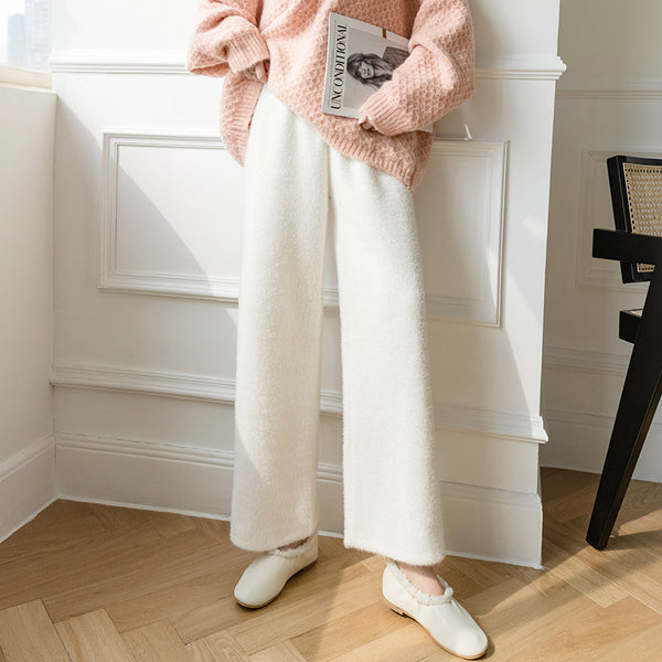 Pantalones Anchos de Felpa Mink con Drapeado Casual Acolchados