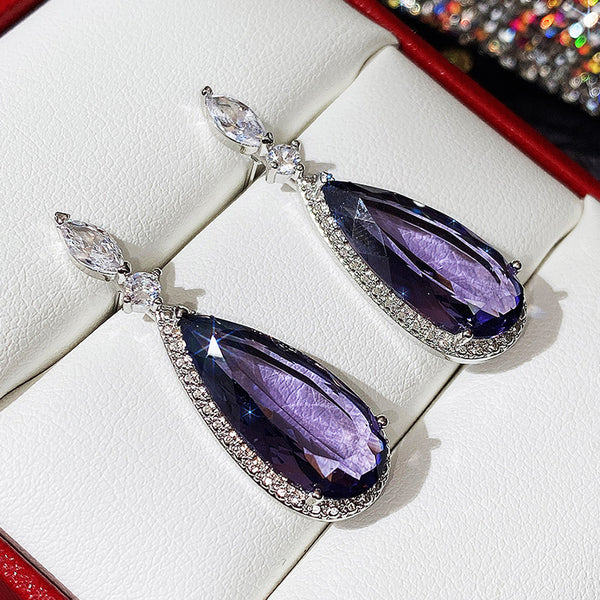 Aretes de Novia Largos con Circón Púrpura Micro Incrustado para Mujer - Image 6