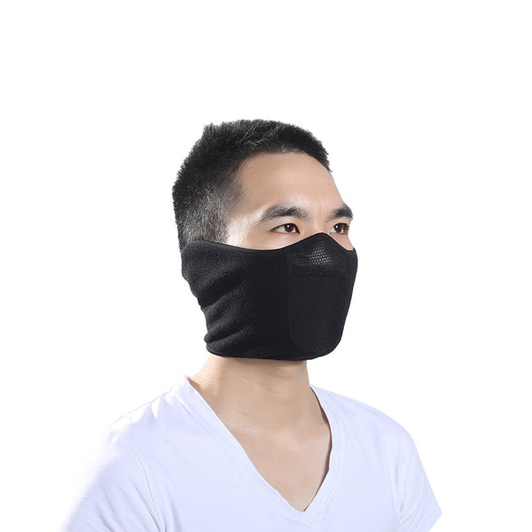 Black winter cycling mask made of polar fleece and windproof fabric, featuring ear flaps and a mesh panel.