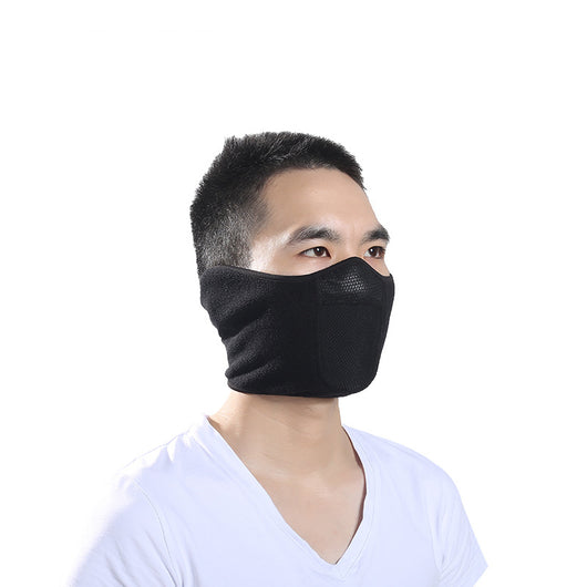 Black winter cycling mask made of polar fleece and windproof fabric, featuring ear flaps and a mesh panel.