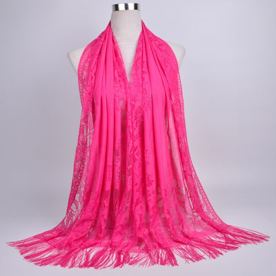 Pañuelo Hijab Encaje Calado Color Sólido con Borlas - Image 30