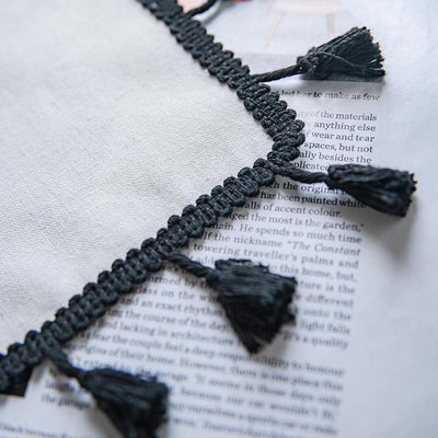 Boho cream cotton and linen curtain with tribal print in black and orange, featuring black fringe tassels. - Image 16