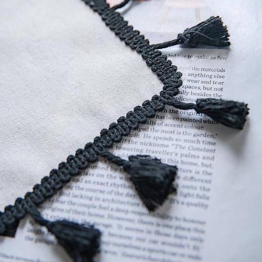 Boho cream cotton and linen curtain with tribal print in black and orange, featuring black fringe tassels. - Image 16