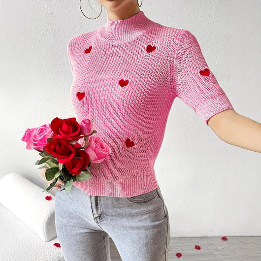 Suéter Tejido Cuello Alto con Corazón Manga Corta para Mujer - Image 2