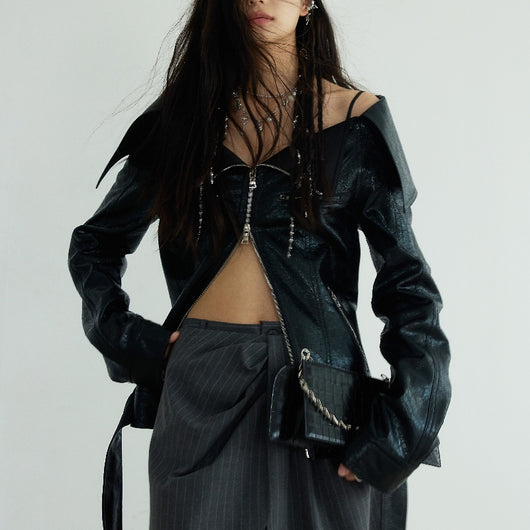 Chaqueta de Cuero PU con Hombros Descubiertos y Solapa Ancha