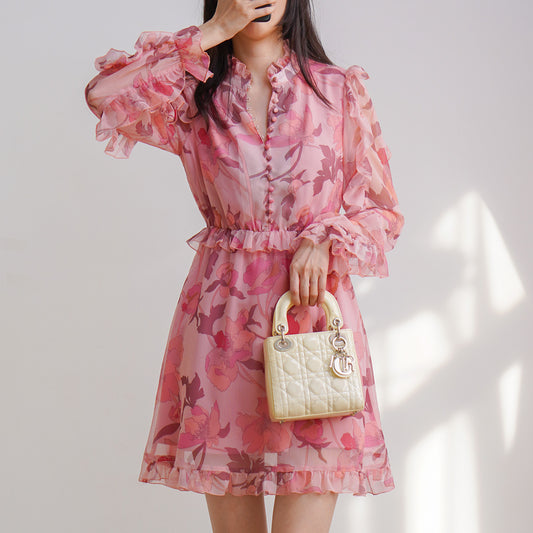 Vestido Elegante de Gasa con Cuello Mao y Cintura Francesa