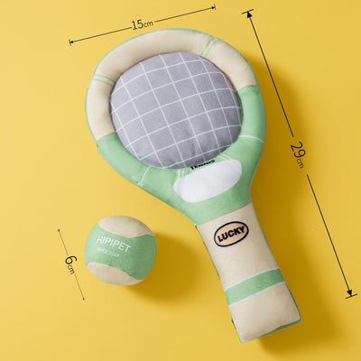 Plush dog toy set featuring a green and beige tennis racket (29cm) and a matching 6cm tennis ball. - Image 6