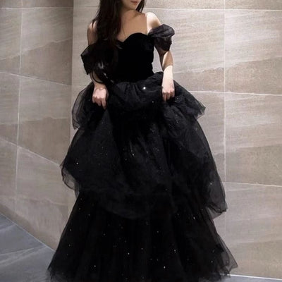 Vestido de Noche Negro Lujo Minoritario Estilo Francés con Falda Tutú - Image 9