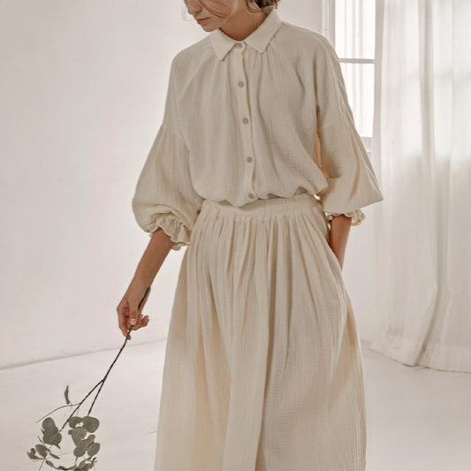 Pijama Loungewear Gasa Doble Capa Diseño Nicho Manga Farol Algodón Suelto Mujer