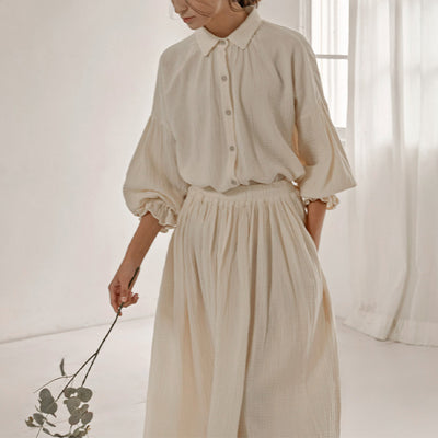 Pijama Loungewear Gasa Doble Capa Diseño Nicho Manga Farol Algodón Suelto Mujer
