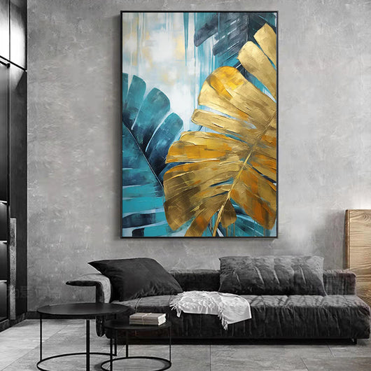 Cuadro Óleo Artesanal Hojas de Plátano Verde y Dorado - Arte de Pared sin Marco - Image 4