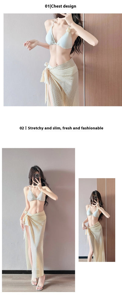 Women's light purple three-piece bikini set with a triangle halter top, bottoms, and a mesh sarong with rose details. - Image 14