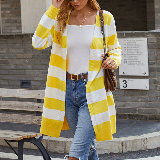 Cardigan Tejido Mujer a Rayas con Contraste de Colores