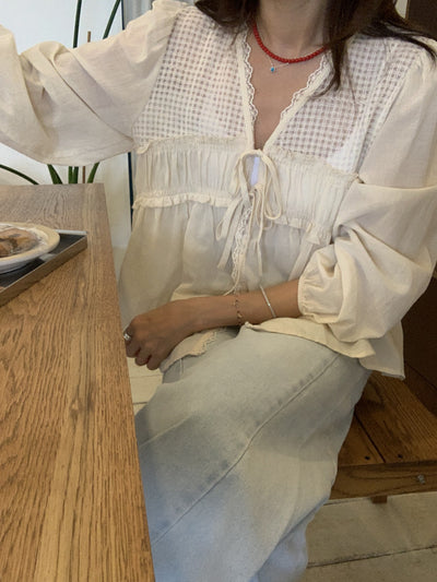 Blusa Elegante Retro con Escote V y Detalles de Malla - Diseño Holgado Versátil - Image 17
