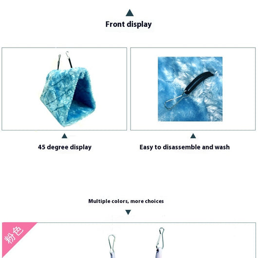 Small pink quilted plush bird's nest hammock with two metal hooks, ideal for parrots and small birds. - Image 20