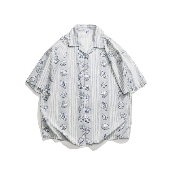 Camisa Suelta Estilo Japonés con Estampado Shell y Solapa