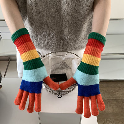Guantes de Lana Tejidos con Colores Arcoíris Contrastados - Image 6