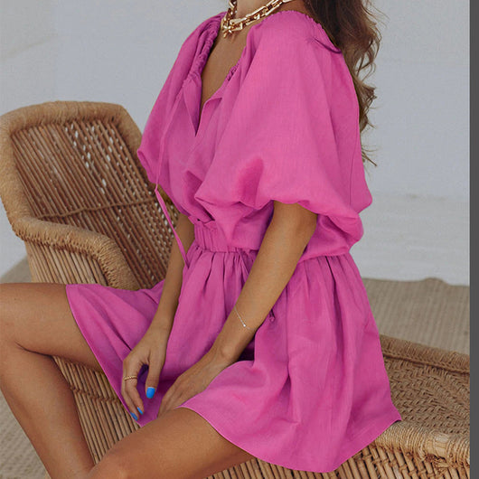 Conjunto de Dos Piezas Lino y Algodón con Blusa Cuello V y Falda Corta - Image 4