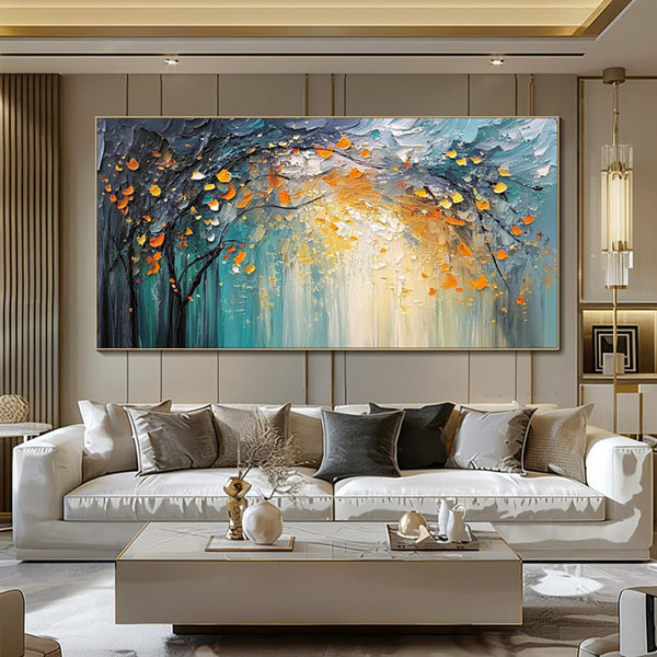 Cuadro Abstracto Bosque Colorido Pintura al Óleo Hecha a Mano sobre Lienzo Grueso Azul y Dorado para Decoración del Hogar