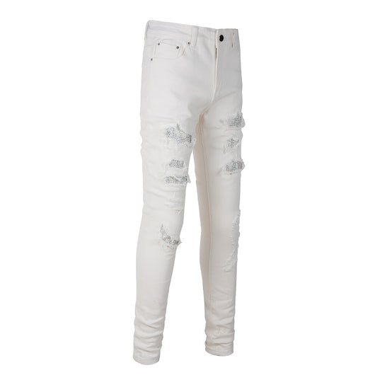 Pantalones Slim Fit Blancos con Detalles de Perforaciones para Hombre - Image 6