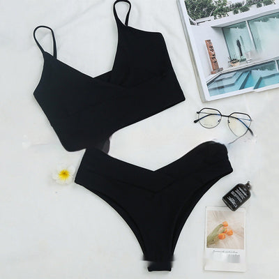 Bright yellow two-piece bikini swimsuit with a crop top and high-cut V-front bottoms, laid flat. - Image 6