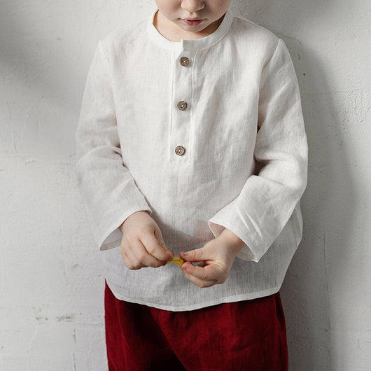 Camisa Infantil Cuello Abierto Manga Larga en Algodón y Lino - Image 2