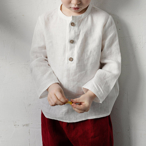 Camisa Infantil Cuello Abierto Manga Larga en Algodón y Lino