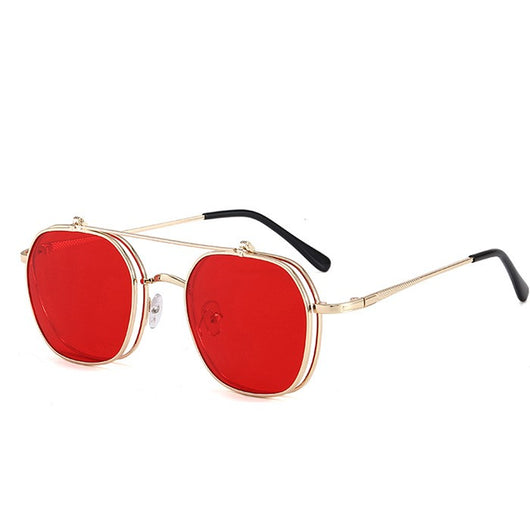 Gold frame flip-up sunglasses with brown lenses, featuring a double-layer design and black temple tips. - Image 11