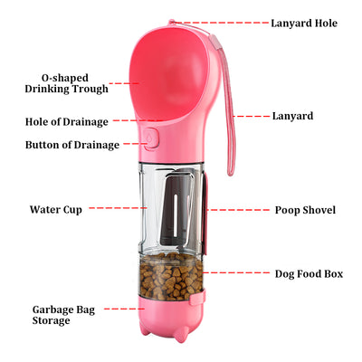 Four teal pet multi-functional water bottles, two with food boxes, in 300ml and 500ml sizes. - Image 29