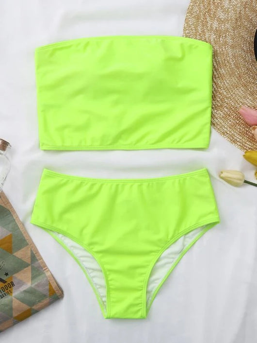 Vibrant orange strapless bandeau bikini top and high-waisted bottoms set, worn by a woman with a white shirt. - Image 23