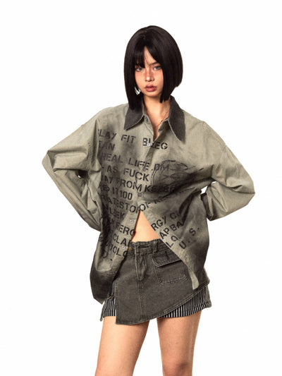 Camisa Retro Degradado Estampado Letras Manga Larga Mujer Holgada Casual - Image 2