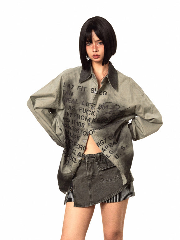 Camisa Retro Degradado Estampado Letras Manga Larga Mujer Holgada Casual
