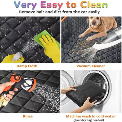 Black quilted pet car seat cover with adjustable straps and side flaps, shown with water droplets on the fabric. - Image 16