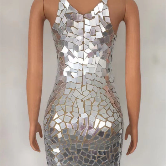 Vestido Corto Espejo sin Mangas con Lentes Insertados - Image 2