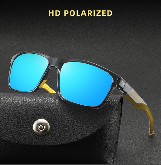 Black and blue polarized sports sunglasses with rectangular frames and blue mirrored lenses reflecting snowy mountains.