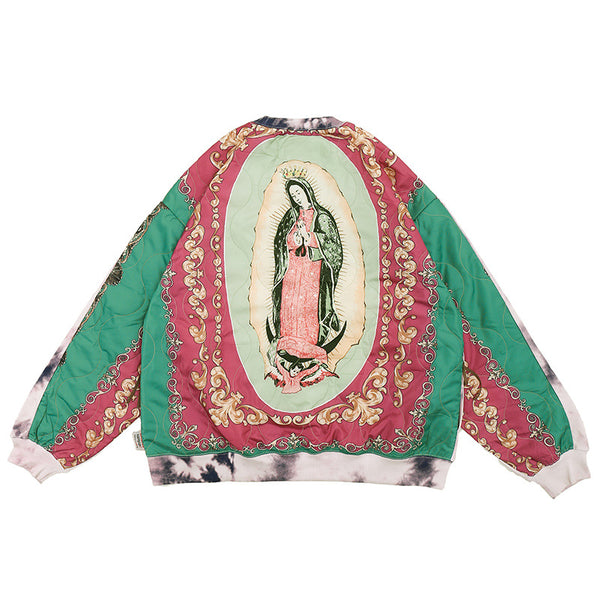 Suéter Hombre Tie-Dye Retro Japonés con Virgen María y Costuras Artesanales