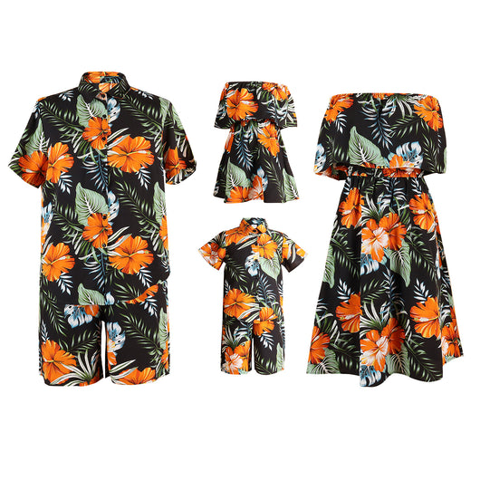 Family matching Hawaiian outfits: men's shirt and shorts, women's off-shoulder maxi dress, girl's dress, boy's shirt and shorts, all with black, orange hibiscus - Image 5
